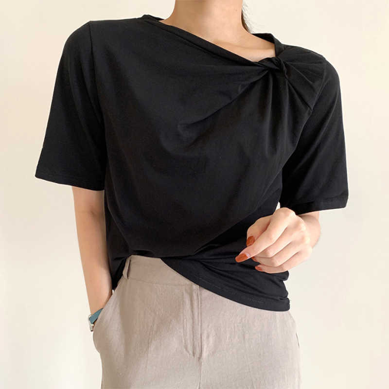 Korejpaa Women T-shirt Summer Korean Fashion Elegant Casual Irregular Round Collar Kink Casual Short-sleeved Tee Top Woman 210526