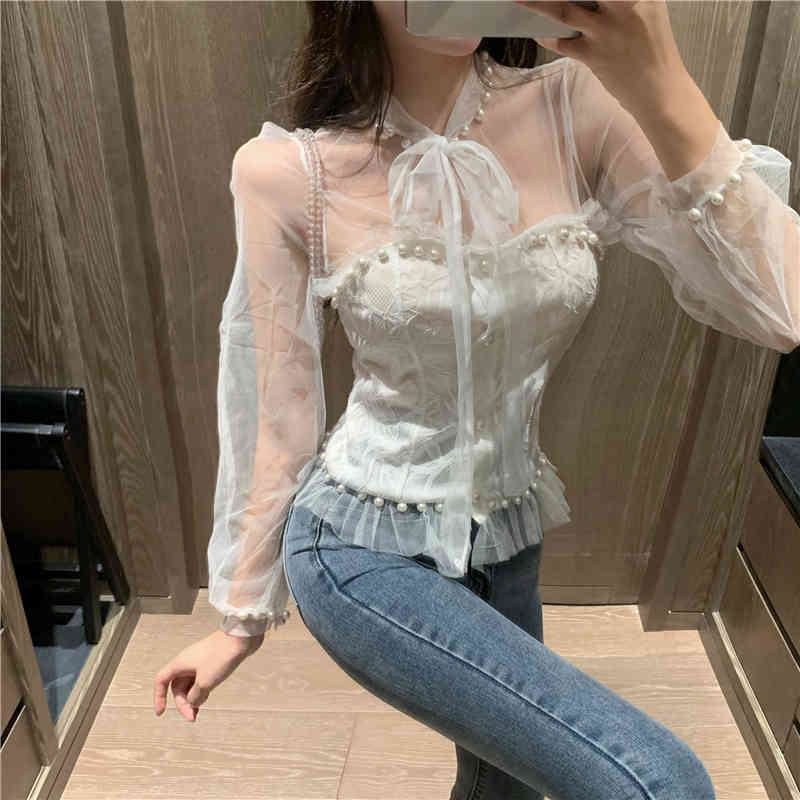 Summer Vintage Beading Mesh Patchwork Lace Long Sleeve Shirt Blouse Elegant Sweet Bow Tie Ruffles Top 210518