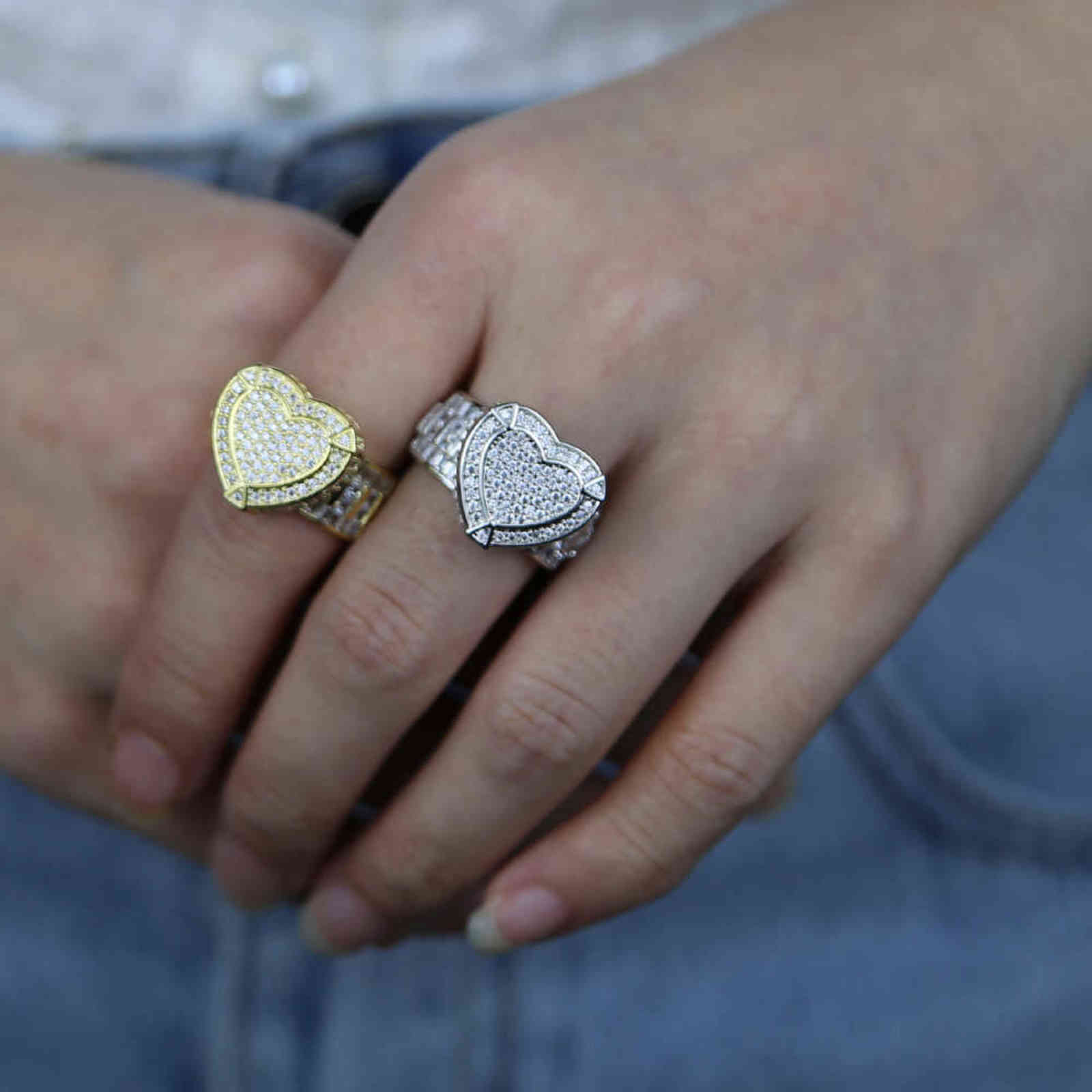 Gold Silver Color CZ Heart Ring Full Iced Out Bling Cubic Zircon Hearts Ring Hip Hop Punk Men Women Jewelry 211123