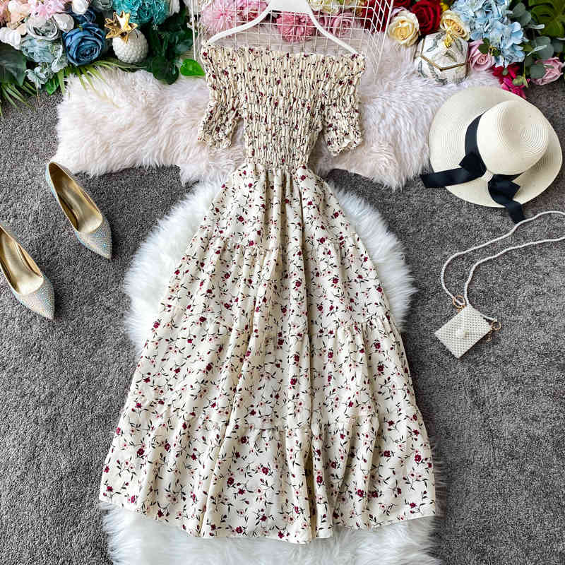 Bohe Floral Dress Women Sexy Off Shoulder Spring Summer Vestidos Short Sleeve High Waist Stretch Dresses 210521
