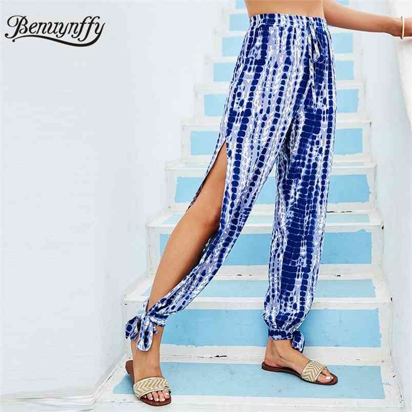Side High Split Knot Hem Tie Dye Pants Women Summer Casual Drawstring Waist Trousers Boho Female Harem 210510