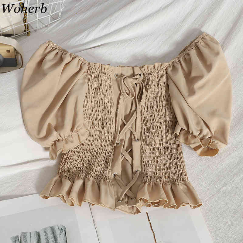 Crop Tops Mujer Ruffles Slash Neck Sexy Blouses Women Cross Lace Up Pleated Shirt Summer Korean Sweet Blusas Female 95439 210519