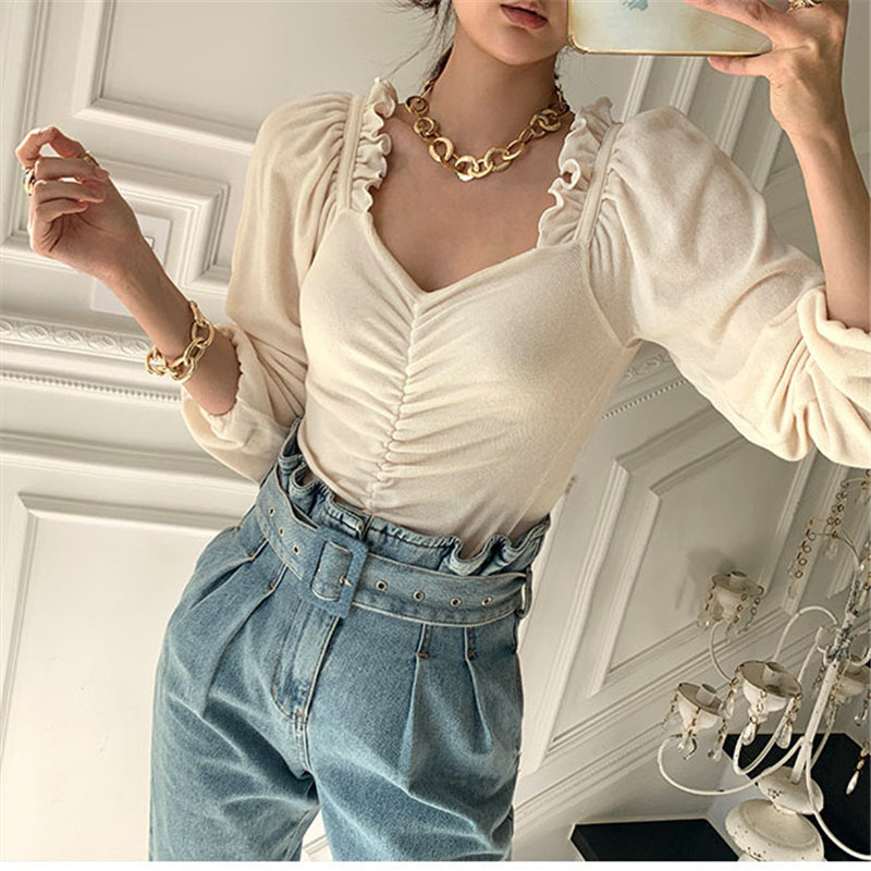 High Street Ruffles Pleated T-Shirts All Match Female Gentle Basic Chic Office Lady V-Neck Women Slim Tops 210421