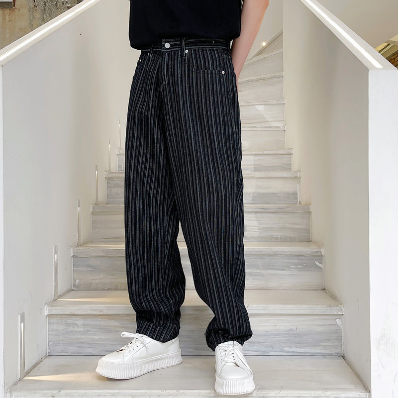 IEFB Men's Denim Straight Pants Blue Loose Causal Jeans Striped Pattern Zipper Denim Trousers Fashion Streetwear 7239 210524