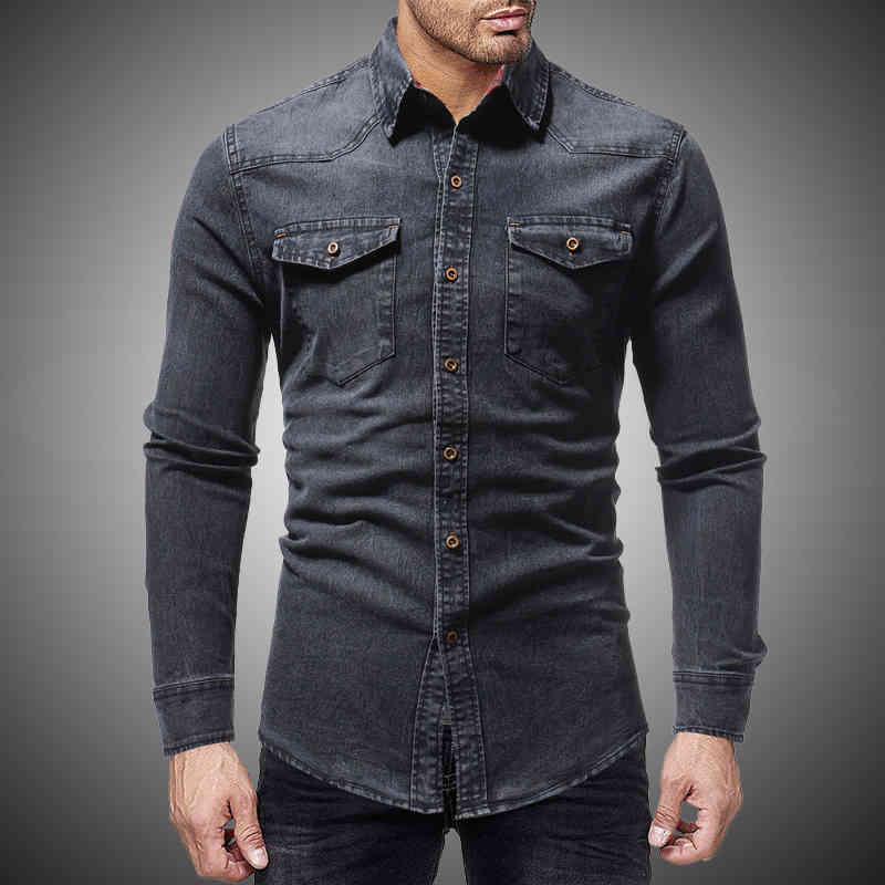 TANG Black Denim Shirt Men Casual Fit Slim Long Sleeve Shirts Autumn Cotton Jeans Dress Shirt Mens Clothing Plue Size 210410