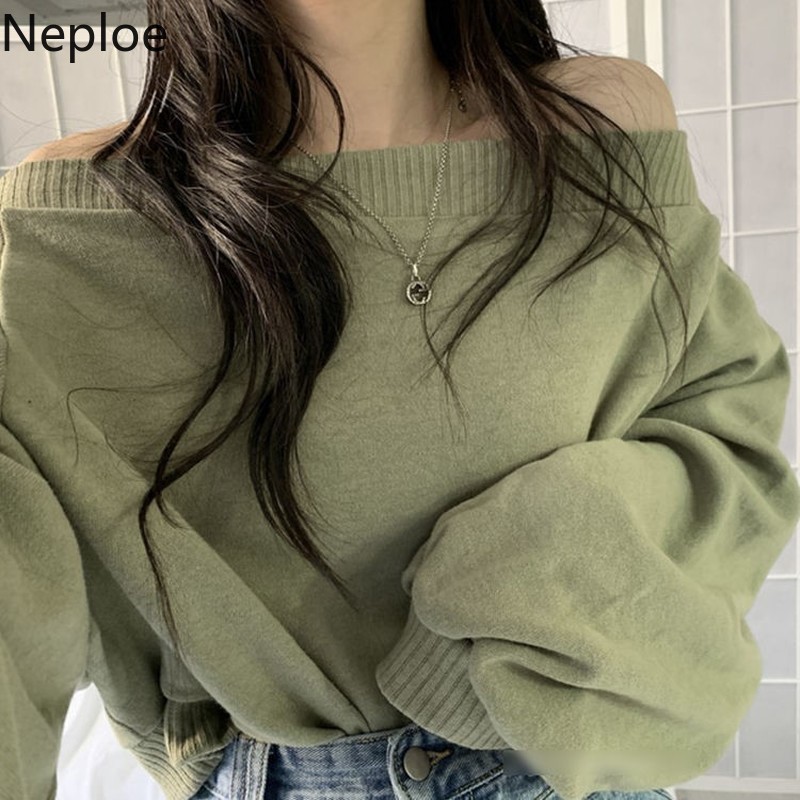 Neploe Temperament Slash Neck Sweaters for Women Korean Knitted Cropped Pullovers Sexy Off Shoulder Jumper Tops Female 4G516 210422