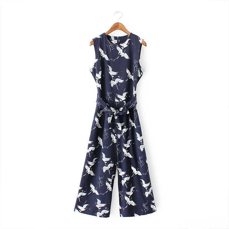 women cute crane print jumpsuit sashes pockets sleeveless pleated rompers ladies vintage casual jumpsuits 210607