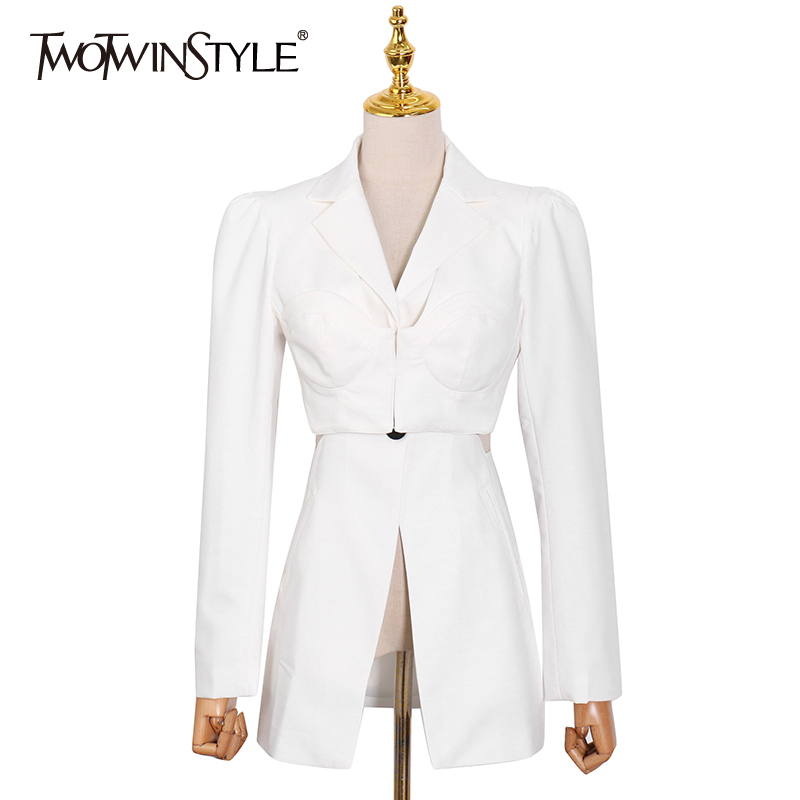 

White Patchwork Elegant Blazer For Women Notched Long Sleeve Single Button Tunic Blazers Female Clothing Style 210524