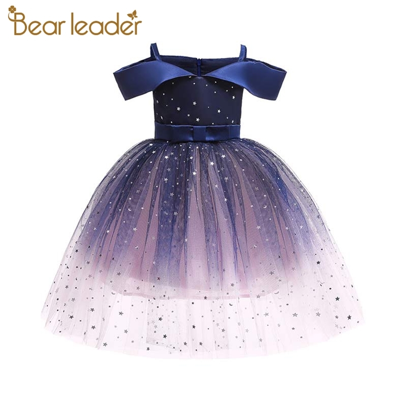 Girls Party Shoulderless Costume Fashion Kids Baby Stars Sequined Princess Dresses Bow Sashes Vestidos 210429, Ah793pink