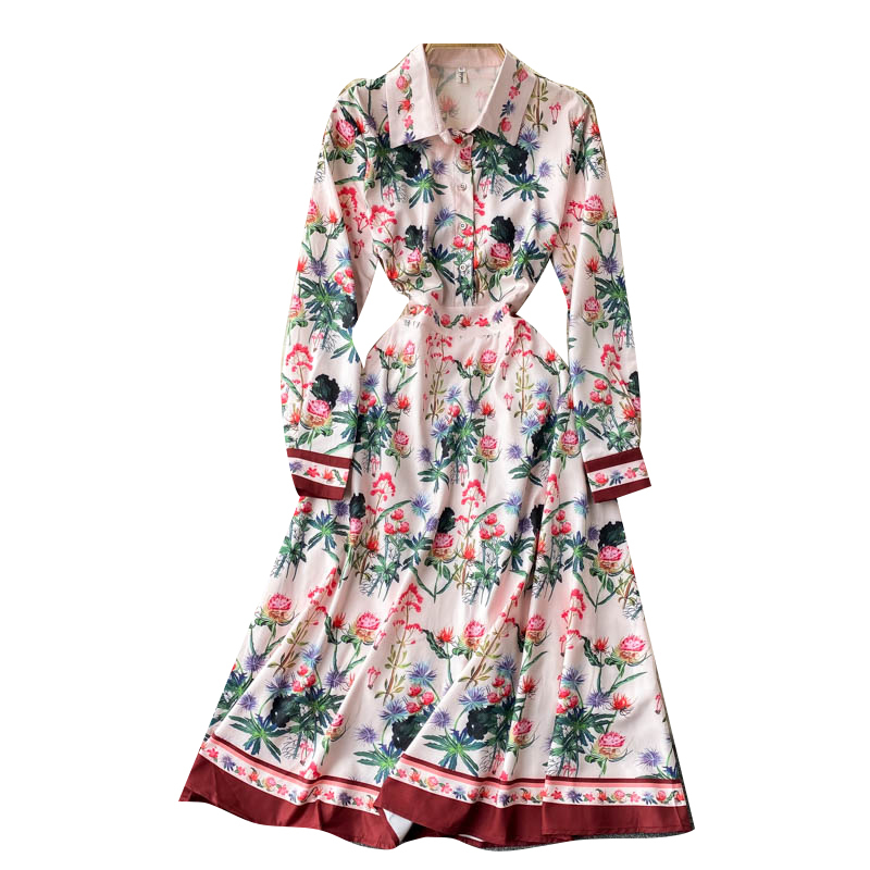 LoveFlowerLife Spring Autumn Casual Solid A Line Floral Print Dress Turndown Collar High Waist Mid Calf Women Dresses 210521