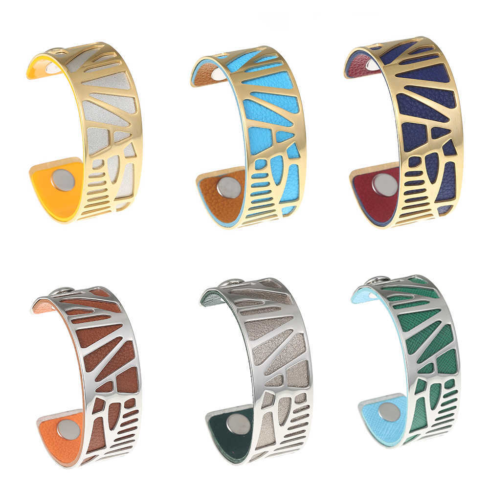 Cremo 25mm Love Cuff Stainless Steel Bangle Lady Bracelet Lady Woodpecker Interchangeable Reversible Leather Arm Bracelet Q0720