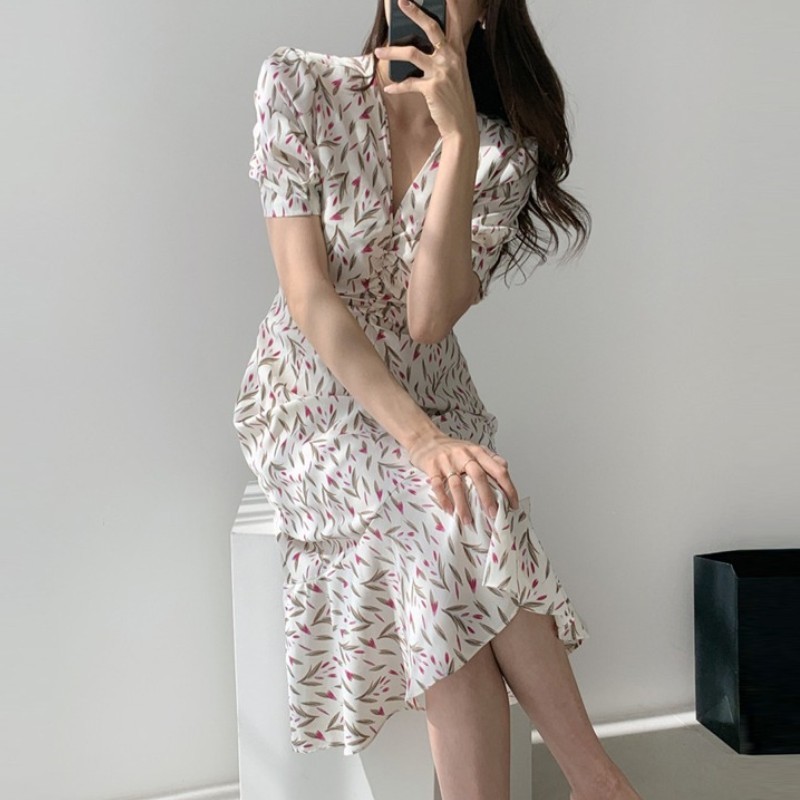 Fashion Summer Dress Korea Women Flowers V-Neck Puff Sleeve High Waist Slim Chiffon Mermaid Vestidos Robe 210519