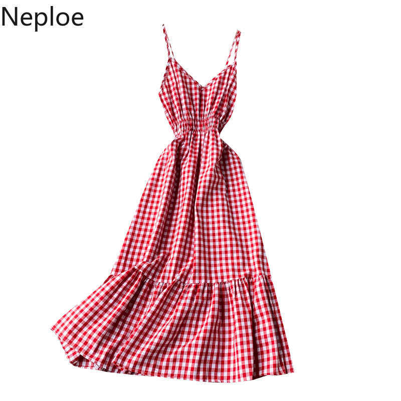 Neploe High Waist Hip Plaid A Line Vestido Holiday Beach Elegant Ruffles Sleeveless Camis Dress V Neck Summer Ropa 1A872 210623