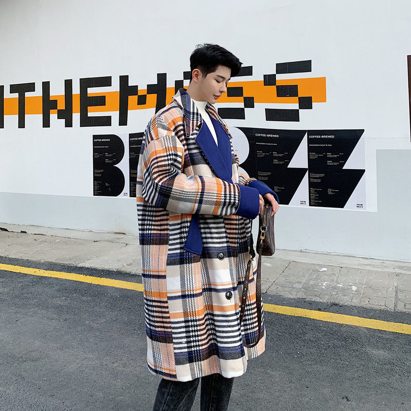 IEFB /men's wear Plaid overcoat big size woolen color matching woolen coat winter thickened tweed coat for male 9Y4040 210524