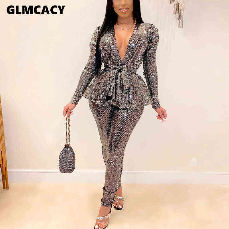 Women Plus Size Office Ladies Sequined Autumn 2 Two Piece Set Top and Pants Elegant Female Casual Business Suits 211105