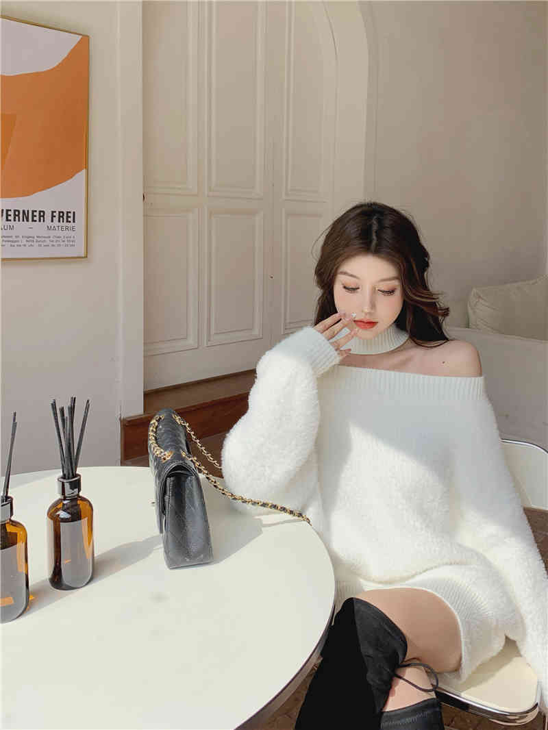 korean style Knitted Sweaters Women Loose soft warm Sweater and pullovers Female Jumpers off shoulder tops (R99455 210423