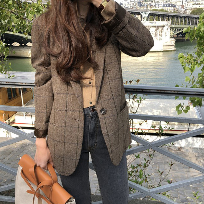 PEONFLY Spring Korean Vintage Plaid Blazers Women Fashion Loose Notched Single Button Blazer Female Casual Coat Blazer Feminino 210330