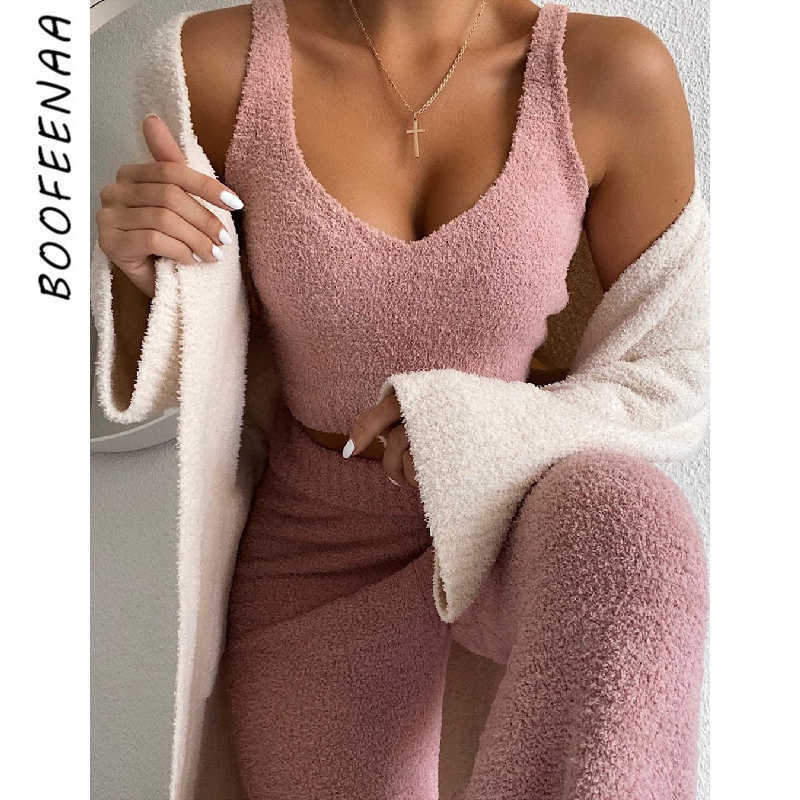 BOOFEENAA Cozy Plush Sweater Two Piece Set Crop Top and Pants Suit Casual 2 Piece Outfits for Women 2020 Lounge Wear C97-FD46 Y0625