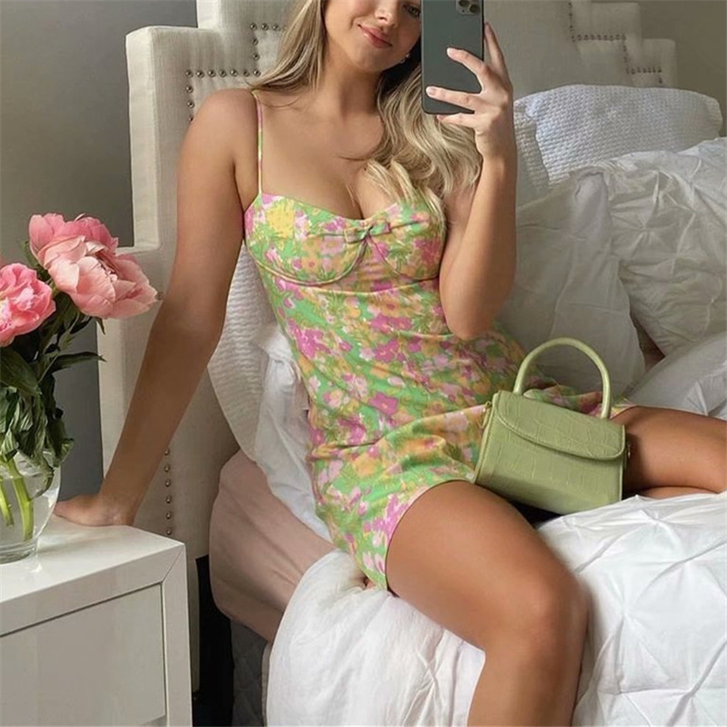 PUWD Sweet Woman Green Print Sling Mini Dress Summer Sexy Floral Bow Short es Ladies Backless Beach 210522