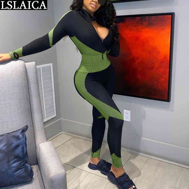 Skinny Jumpsuit for Women Long Sleeve Romper Autumn Plus Size Bodysuit Fashion Overalls Outfits Ropa De Mujer 210515