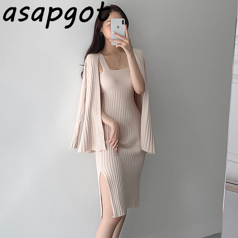 Temperament Autumn Winter Solid Knit Cardigan V Neck Sweater Jacket Side Split Vest Dress Knitted Women Sexy Fashion 210429