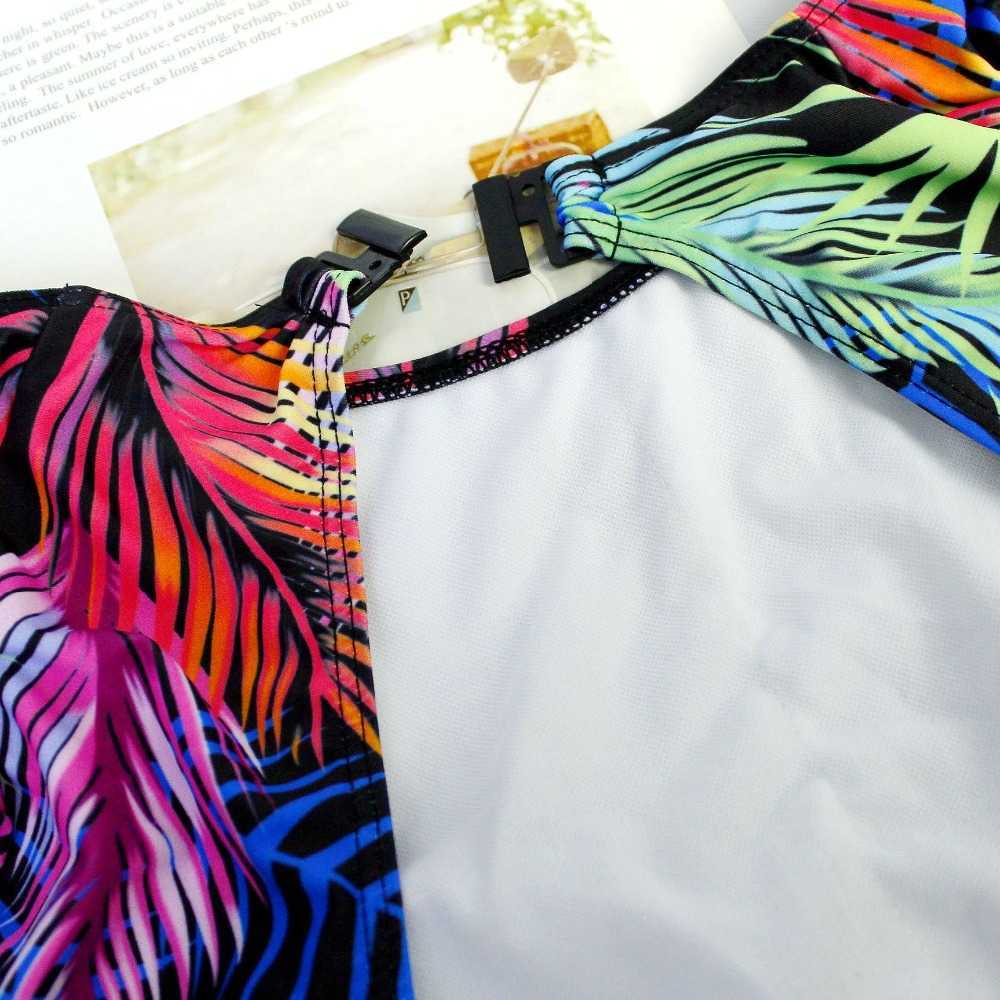 Rashguard Long Sleeve Swimsuit Print Surf Swimwear Women High Neck Bodysuit Swim Suits backless Monokini XL 210625