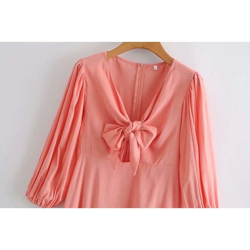 Elegant Women Bow V-Neck Cotton Dresses Fashion Ladies Puff Sleeve Vestidos Sweet Female Chic A-Line Mini Dress 210430