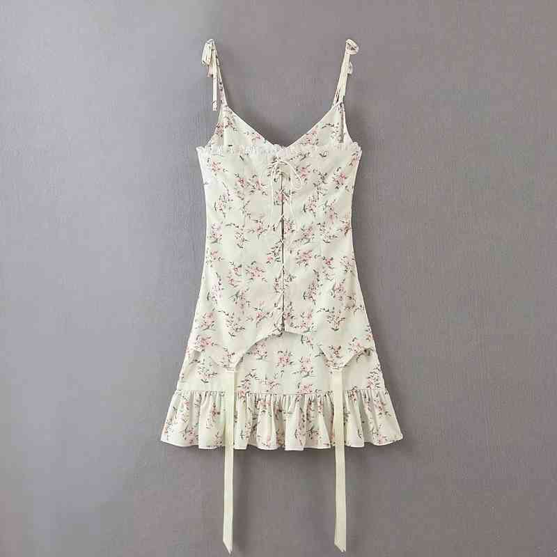 Foridol Lace Spliced Floral Print Bodycon Mini Dress Women Strappy Summer Boho Sundress Lace Up Vintage Sleeveless Dress Vestido 210415