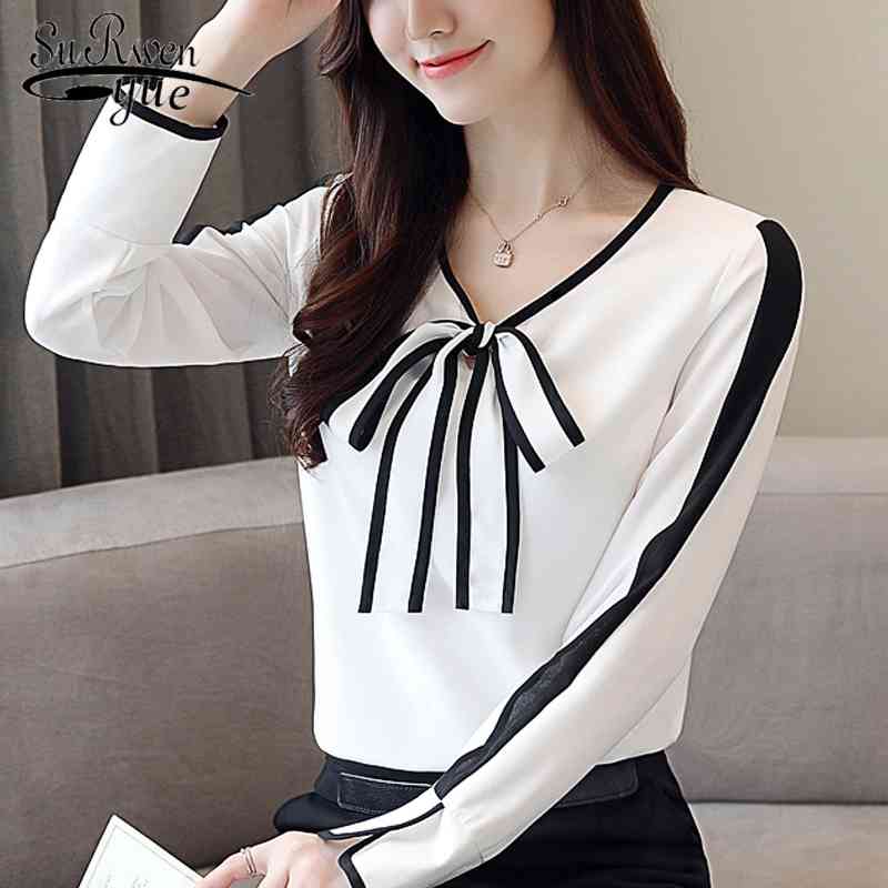 Fashion Womens Tops And Blouses Chiffon Long Sleeve Shirt White Bow V-neck OL Blusas 1026 40 210508