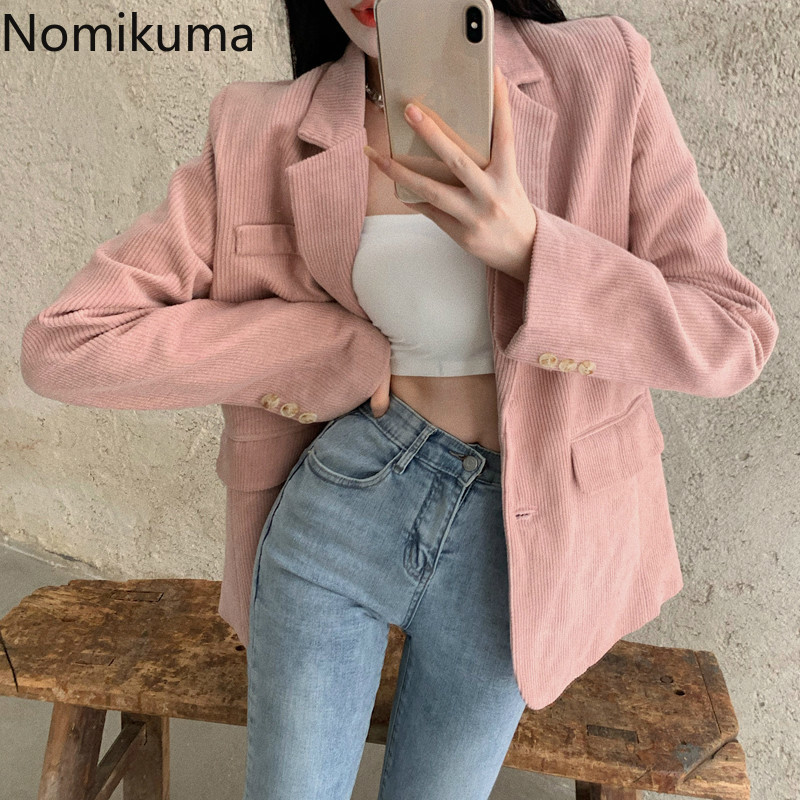Nomikuma Corduroy Blazer Jacket Autumn Winter New Suit Women Coat Korean Causal Solid Notched Collar Blazers Feminimo 6C819 210427