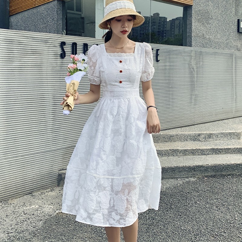 Summer Elegant Square Neck Puff Sleeve Fairy Dress Vintage Female French Slim Waist Casual Party Robe 210519