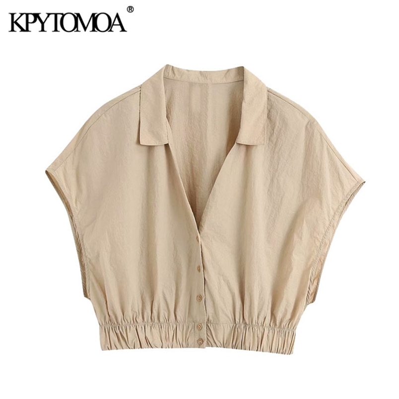Women Fashion Button-up Cozy Cropped Blouses Sleeveless Elastic Hem Female Shirts Blusas Chic Tops 210420