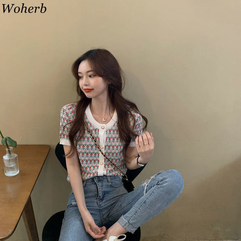Short Sleeve Crop Top Heavy Jacquard Ice Silk Knitted Cardigan Summer Single Breasted Thin Tops Fashion Clothing 210519