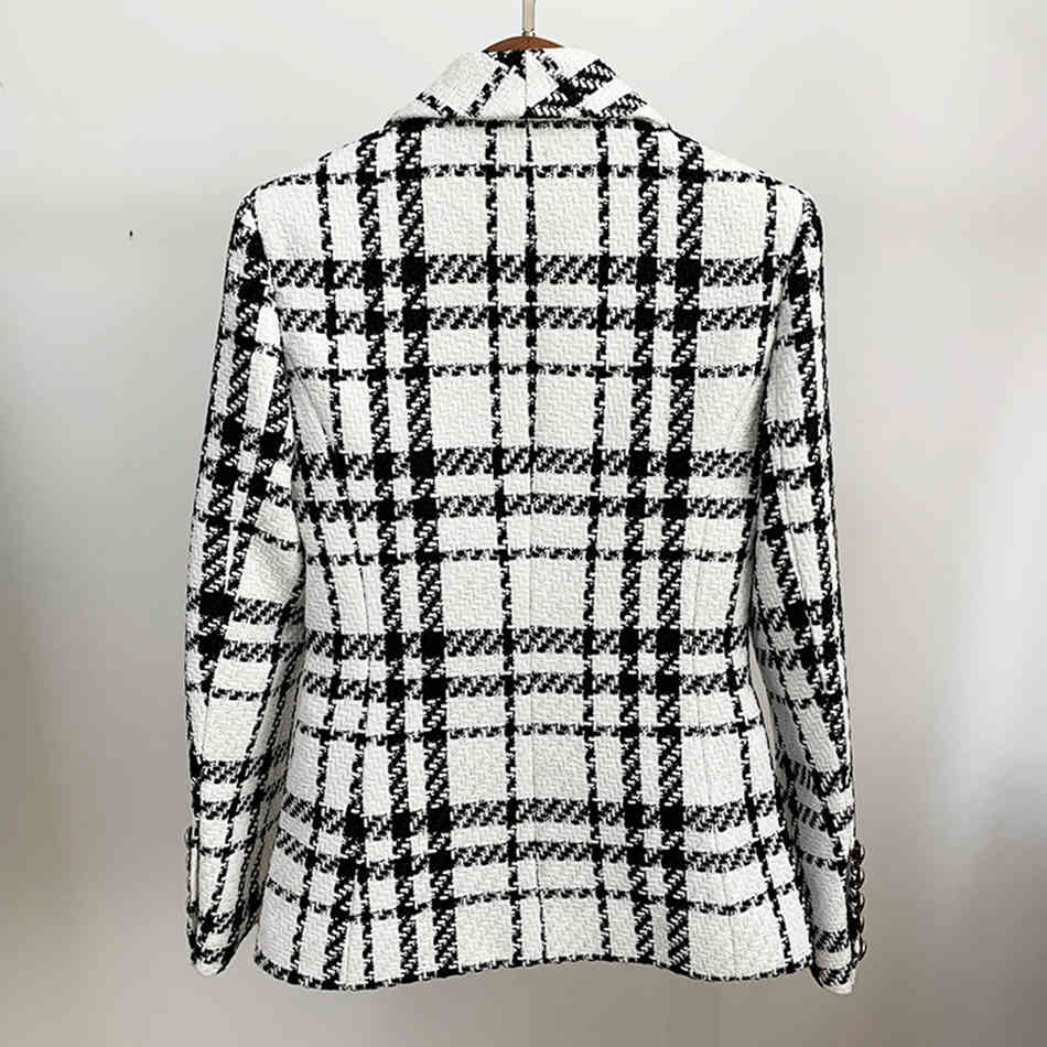 Free Ladies Tweed Jacket Fashion Office Black and White Houndstooth Women Autumn Retro Plaid 210524