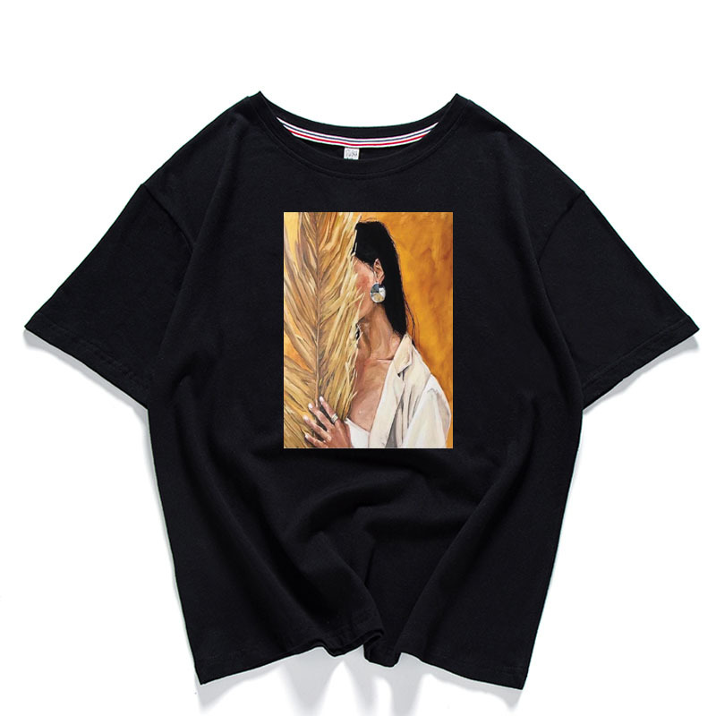 Harajuku Portrait Printed Women's T-shirt Side Face Women Wear Earring Short Sleeve Round Neck Female Tee Shirts Chic Tops 210507