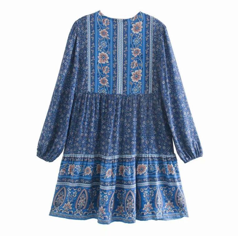 Bohemia Lacing up V neck Location Floral Print Lantern Long Sleeve Short Dress Hippie Woman Holiday Dresses BOHO Vestidos 210429