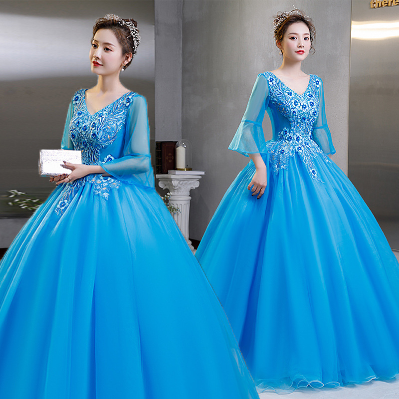 Quinceanera Dresses 2021 Party Prom Formal Luxury Three Quarter Sleeve V-neck Ball Gown Vintage Robe De Bal Vestidos QC1376