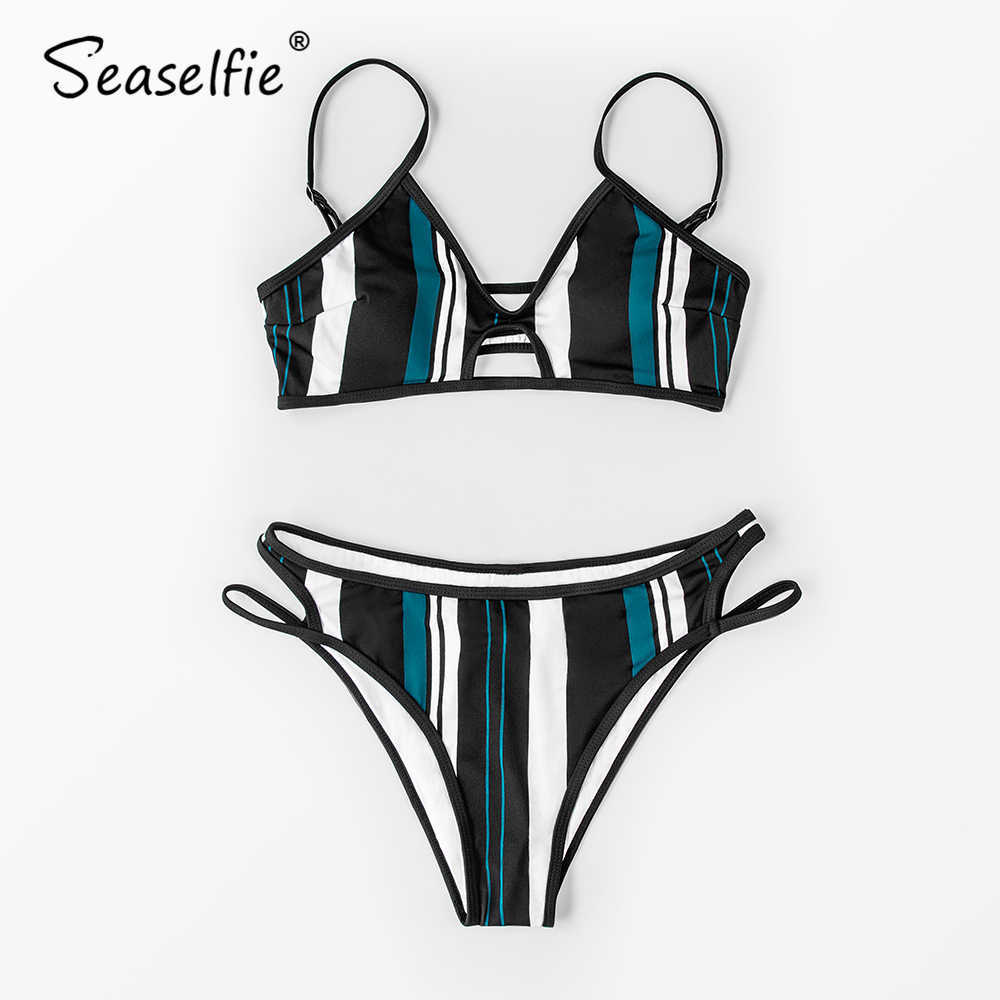 SEASELFIE Sexy Blue White and Black Striped Bikini Sets Swimsuit Two Pieces Swimwear Women Summer Beach Bathing Suit 210611