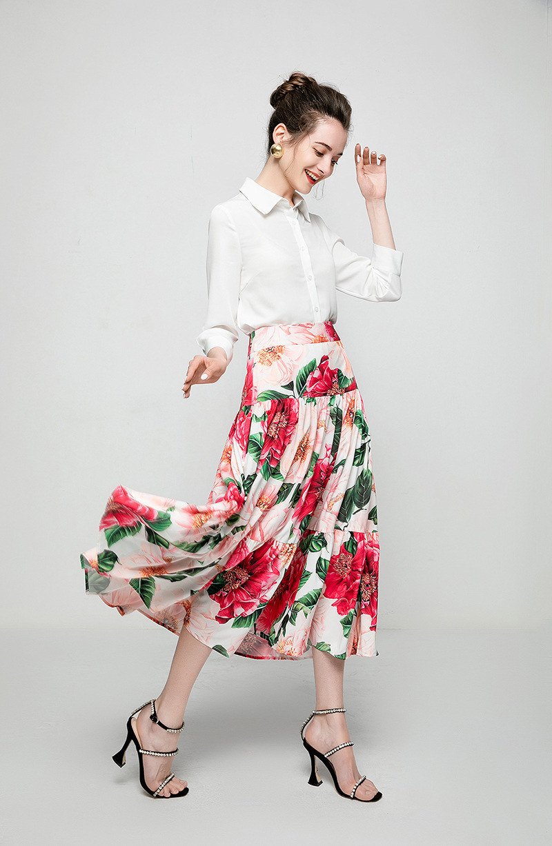 Women's Runway Two Piece Dress Turn Down Collar Long Sleeves White Shirt with Printed Skirt Twinsets