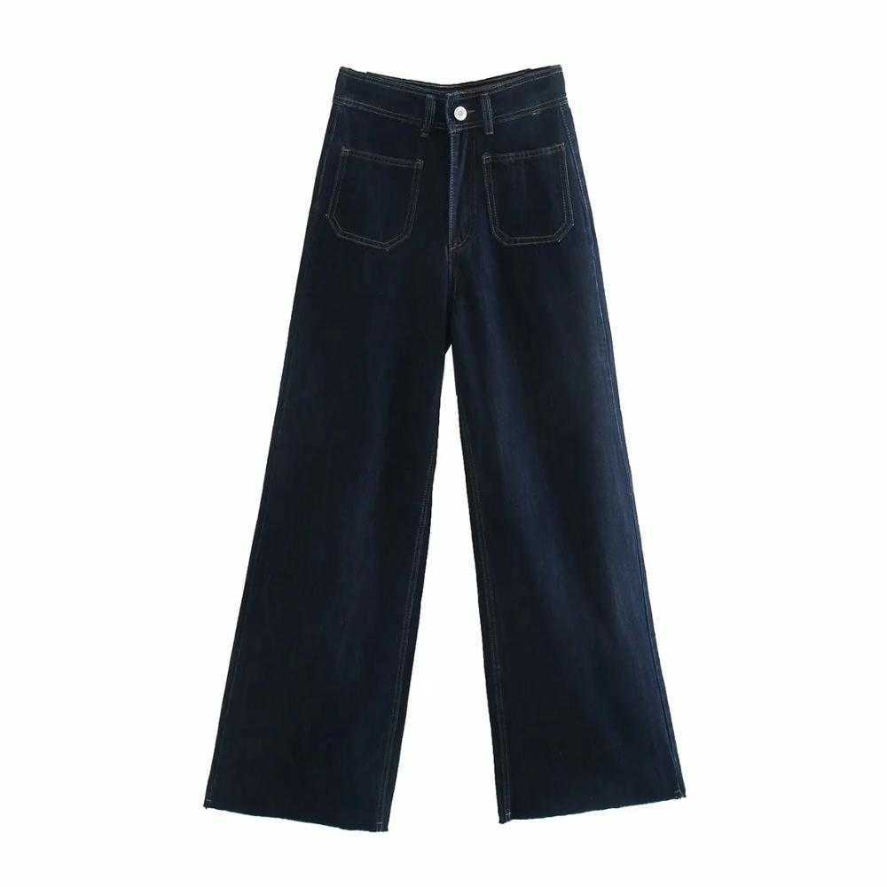 XNWMNZ Za women Fashion premium patch pocket marine straight jeans ladies Vintage High-waist Female trousers girls pants 210809