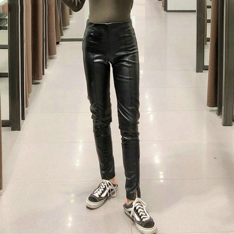 black white skinny PU leather pants women stretch pencil female autumn winter zipper long trousers 210521