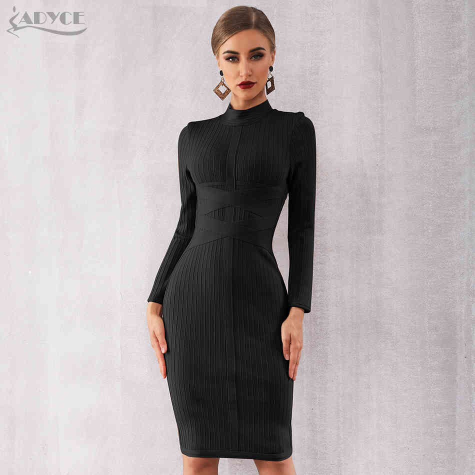Winter Bodycon Bandage Dress Women Sexy Nude Black Long Sleeve Midi Club Celebrity Evening Runway Party Dresses 210423