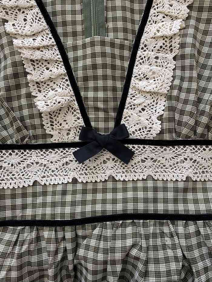Vintage French Women Plaid Dresses Sweet Lace Patchwork Square Collar Puff Sleeve Casual Slim Midi Dress Femme Vestidos 210519