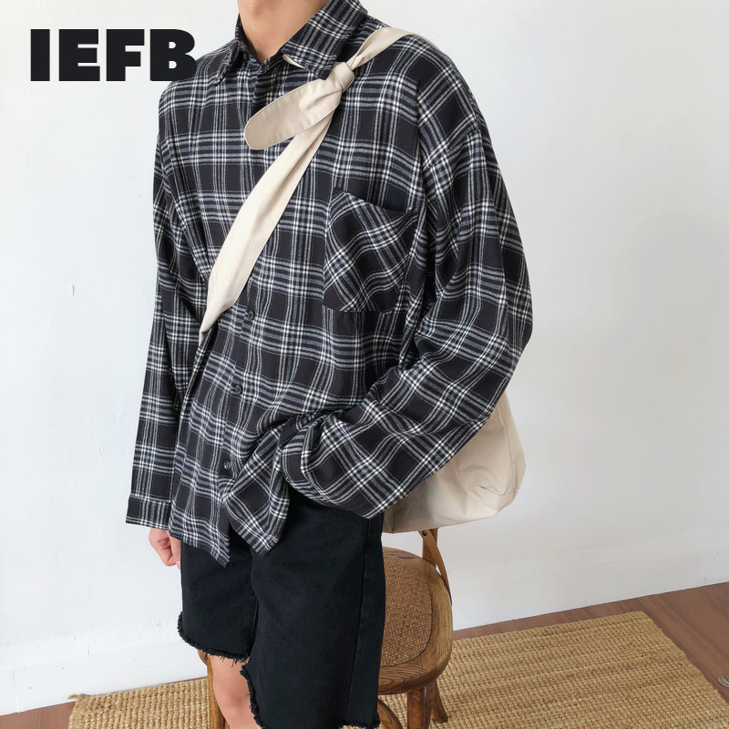 IEFB men's wear vintage long sleeve plaid shirts spring chic classic casual loose blouse tops 9Y6704 210524