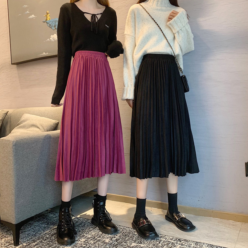 Women Pleated Suede Leather Long Skirts Winter Elastic High Waist Casual A-Line Mid Length Skirt Female Mujer Faldas 210514