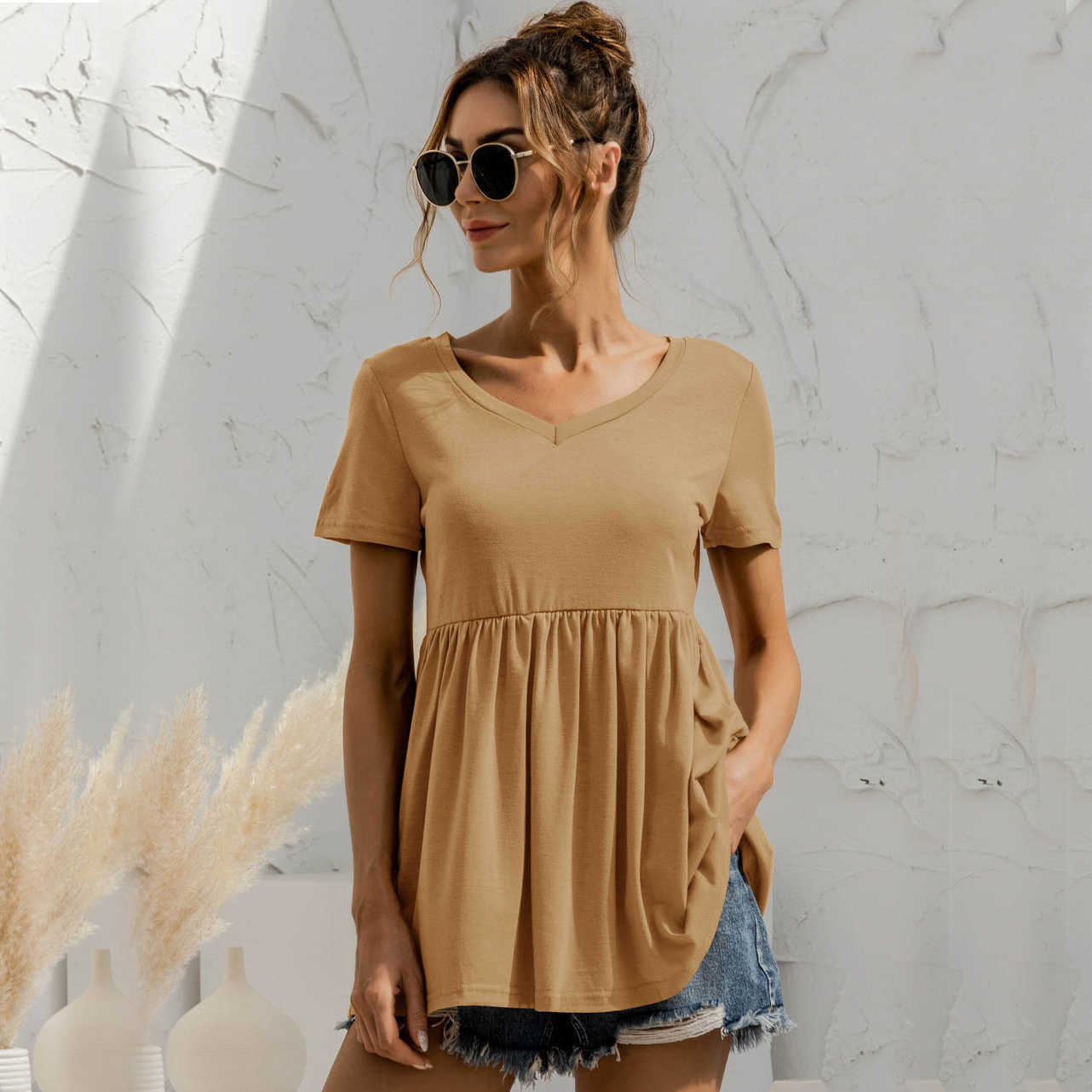 Women t shirt Summer Tops V-Neck Short Regular Sleeves Loose Long Solid Classic Casual Women's A-line T-shirt 210524