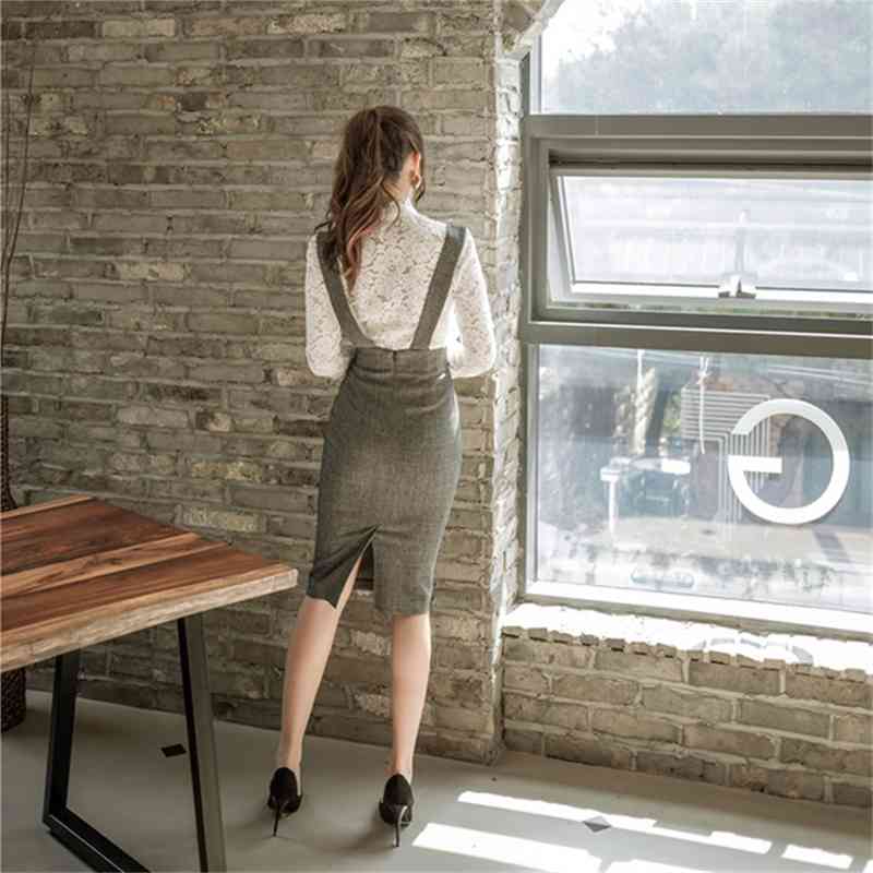 Spring Women 2 Piece Set Dress Fashion White Hollow Out Lace Blouse + Gray Vest Pencil Bodycon Skirt 210519