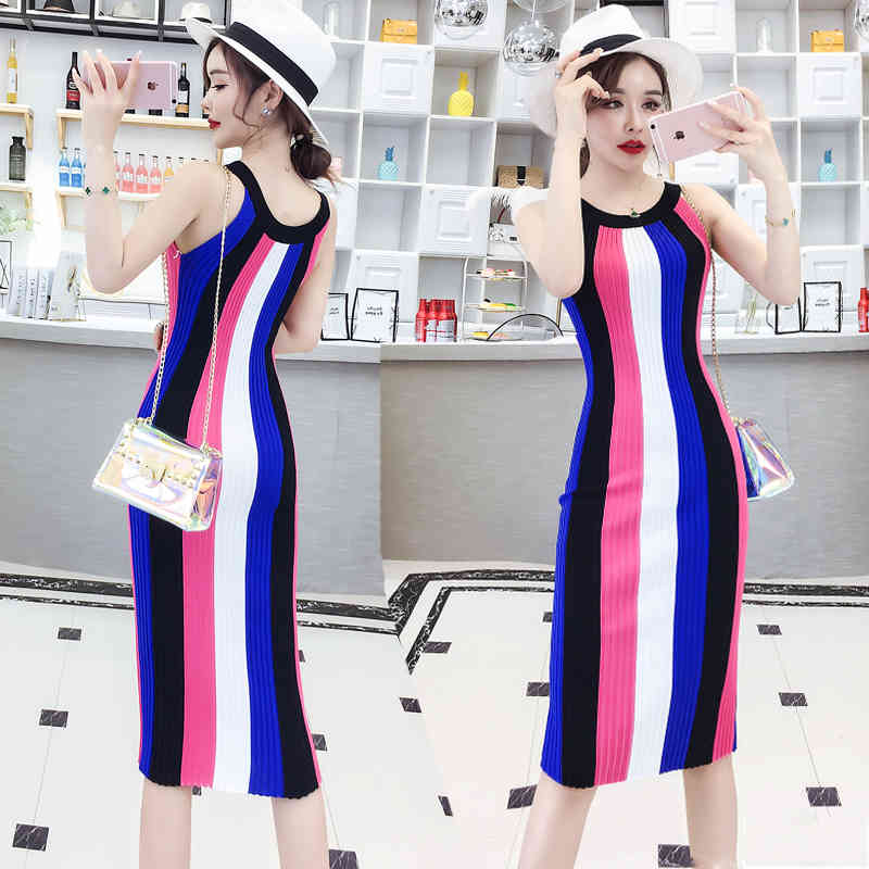 Dresses Women Summer Sleeveless Sexy Pencil Dress Halter Stretch Striped Spring Tank Vestidos Bodycon Knitted Sweater C66 210331