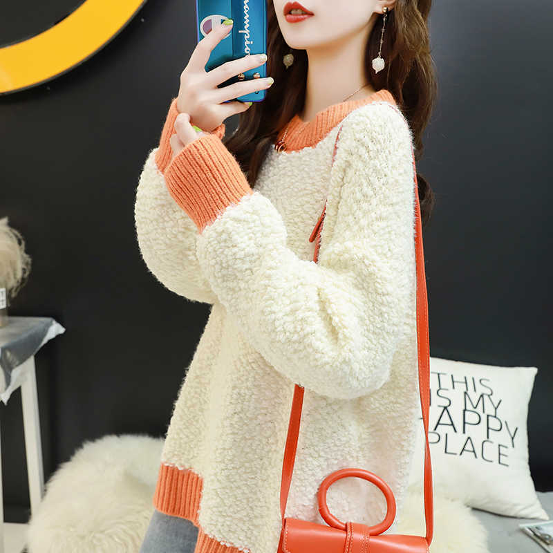 H.SA Korean Fashion women pullovers winter jumpers knitwear Mohair Soft Warm Patchwork Knitwear Loose Knitted Sweaters Winter 210716