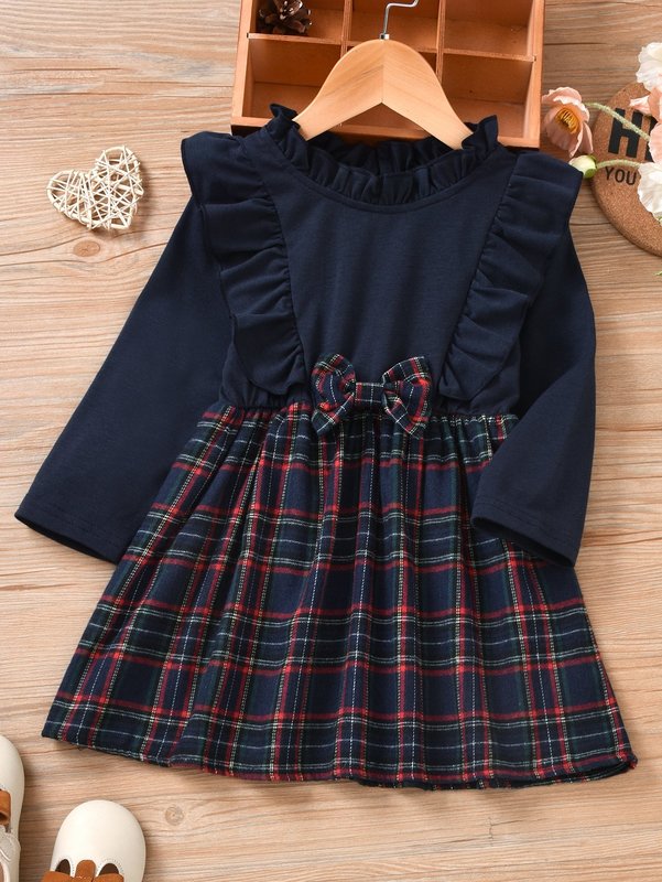 Toddler Girls Tartan Bow Front Ruffle Trim Frilled Neck Dress SHE